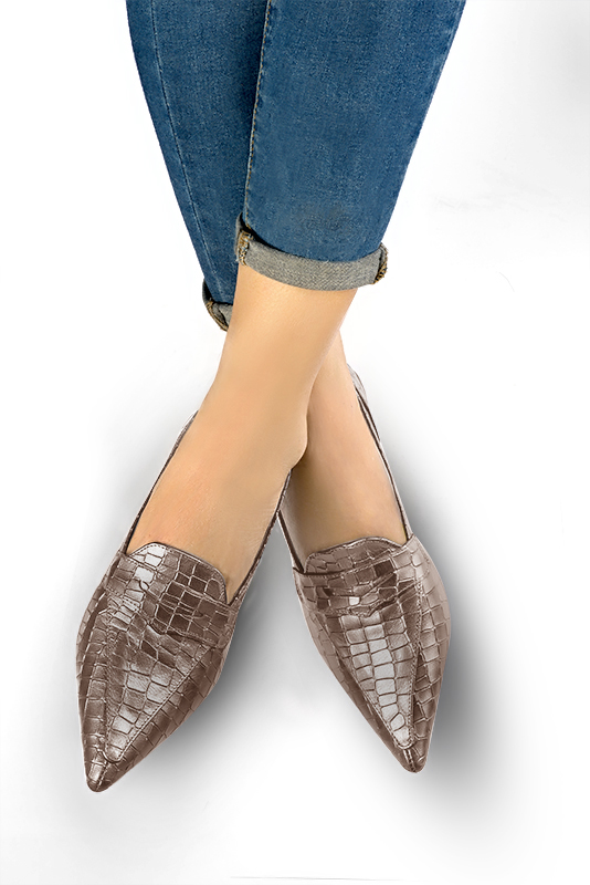 Bronze beige women's fashion loafers. Pointed toe. Flat flare heels. Worn view - Florence KOOIJMAN